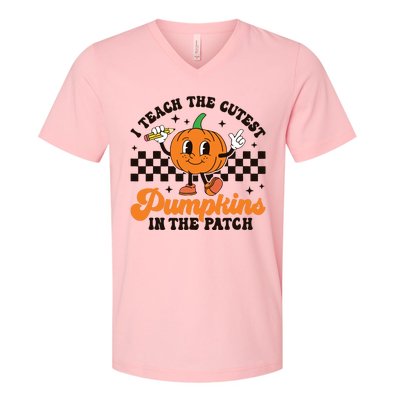 I Teach The Cutest Pumpkins In The Patch Groovy Teacher Fall V-Neck T-Shirt