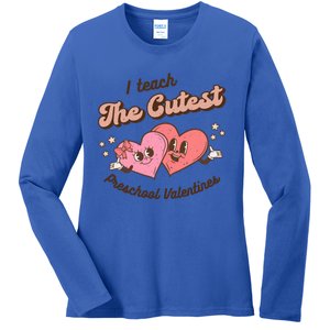 I Teach The Cutest Preschool Valentines Retro Hearts Teacher Gift Ladies Long Sleeve Shirt