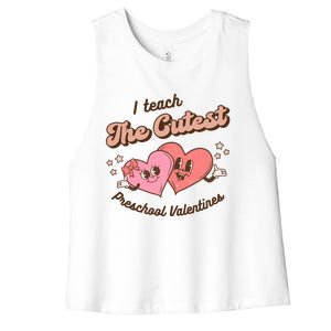 I Teach The Cutest Preschool Valentines Retro Hearts Teacher Gift Women's Racerback Cropped Tank