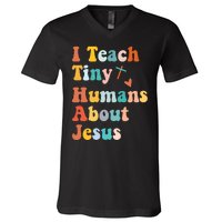 I Teach Tiny Humans About Jesus Teacher V-Neck T-Shirt