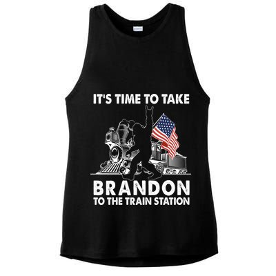 It's Time To Take Brandon To The Train Station Bigfoot USA Flag Ladies PosiCharge Tri-Blend Wicking Tank