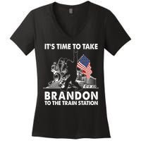 It's Time To Take Brandon To The Train Station Bigfoot USA Flag Women's V-Neck T-Shirt