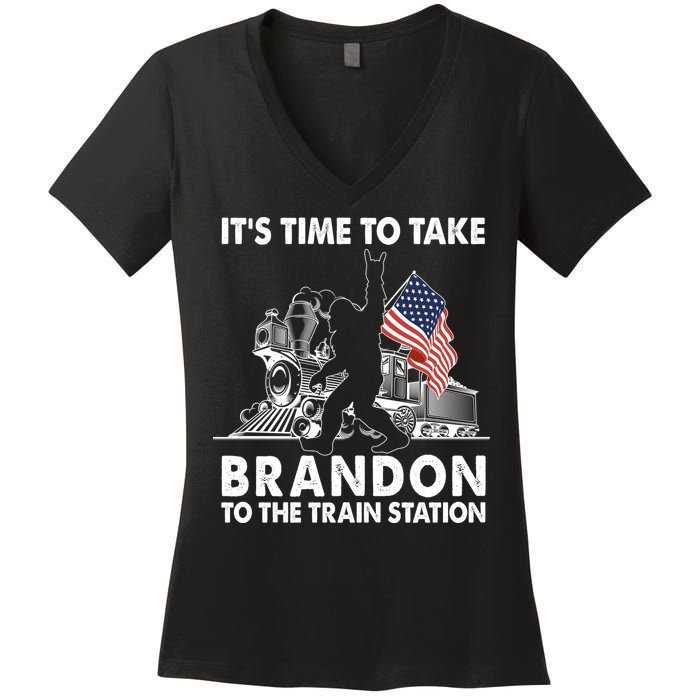 It's Time To Take Brandon To The Train Station Bigfoot USA Flag Women's V-Neck T-Shirt