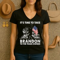 It's Time To Take Brandon To The Train Station Bigfoot USA Flag Women's V-Neck T-Shirt