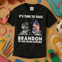 It's Time To Take Brandon To The Train Station Bigfoot USA Flag Kids T-Shirt