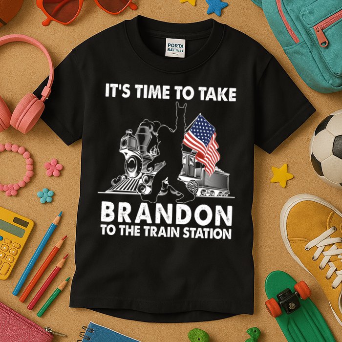 It's Time To Take Brandon To The Train Station Bigfoot USA Flag Kids T-Shirt