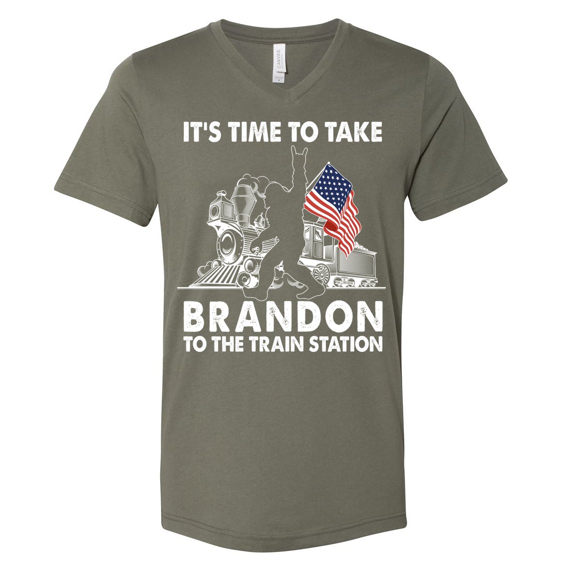 It's Time To Take Brandon To The Train Station Bigfoot USA Flag V-Neck T-Shirt