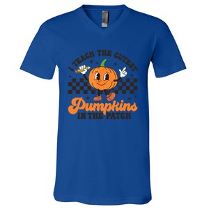 I Teach The Cutest Pumpkins In The Patch Groovy Teacher Fall Funny Gift V-Neck T-Shirt