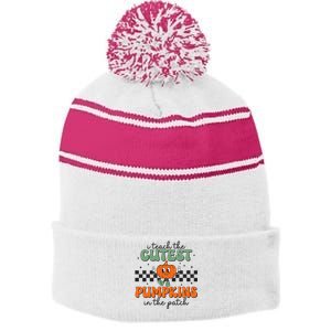 I Teach The Cutest Pumpkins In The Patch Retro Teacher Fall Stripe Pom Pom Beanie