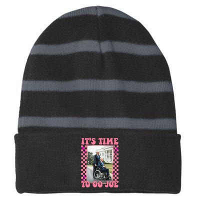 Its Time To Go Joe Wheelchair Funny Trump 2024 Retro Striped Beanie with Solid Band