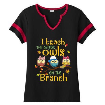 I Teach The Cutest Owls On The Branch Teacher Fall Autumn Ladies Halftime Notch Neck Tee