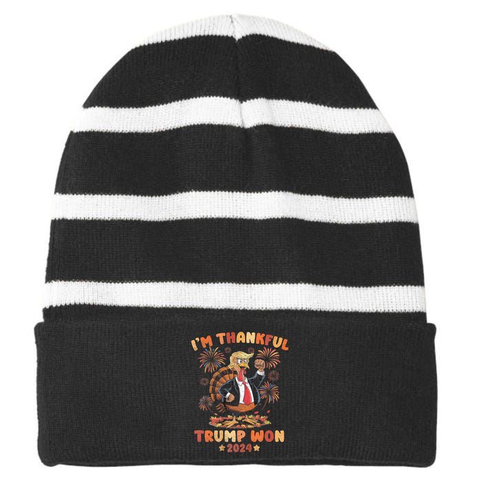 IM Thankful Trump Won Thanksgiving Turkey Fall Striped Beanie with Solid Band