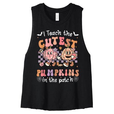 I Teach The Cutest Pumpkins In The Patch Retro Teacher Fall Women's Racerback Cropped Tank