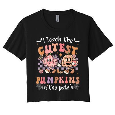 I Teach The Cutest Pumpkins In The Patch Retro Teacher Fall Women's Crop Top Tee