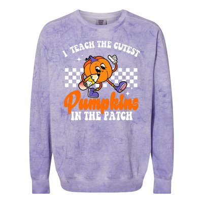 I Teach The Cutest Pumpkins Retro Teacher Halloween Colorblast Crewneck Sweatshirt