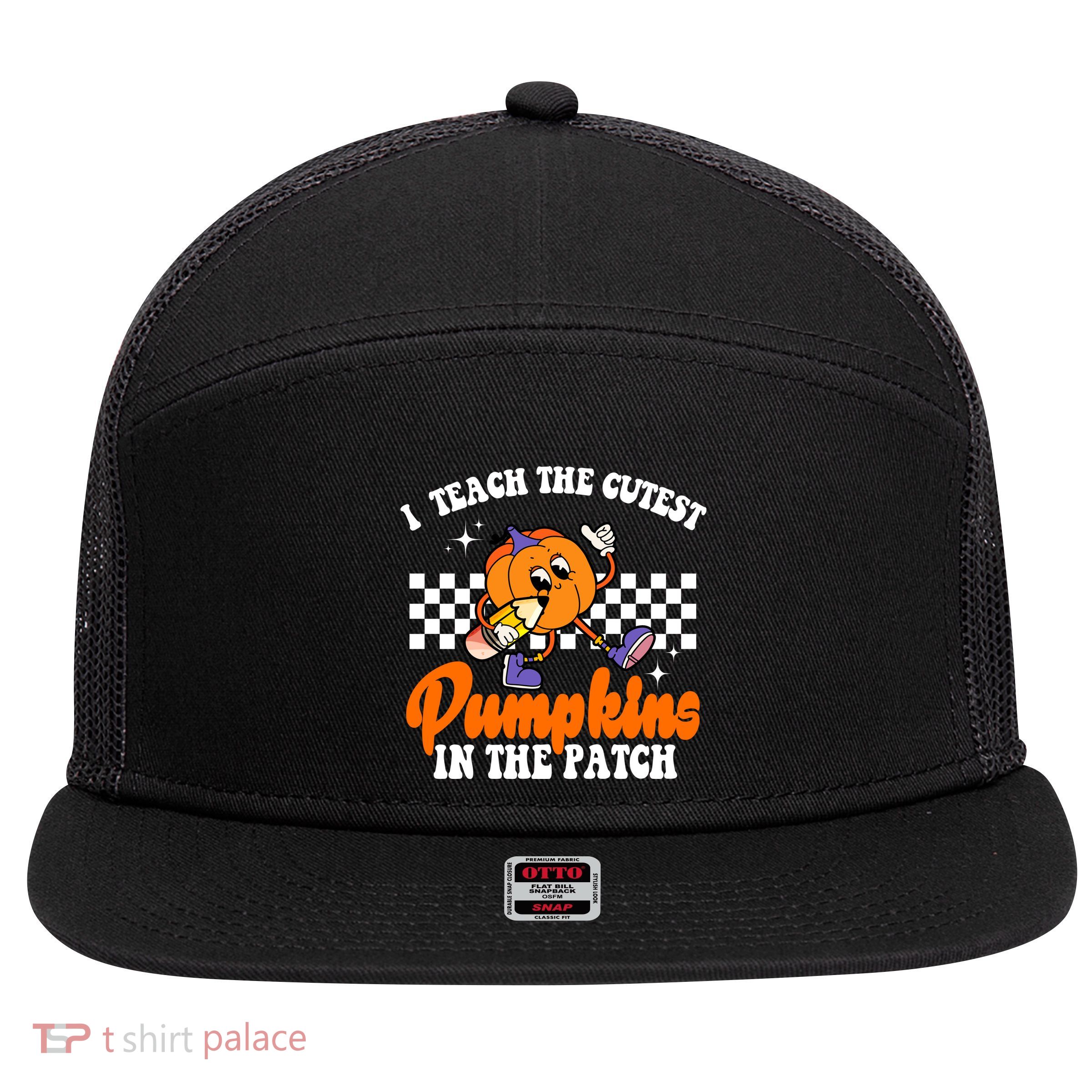 I Teach The Cutest Pumpkins Retro Teacher Halloween 7 Panel Mesh Trucker Snapback Hat