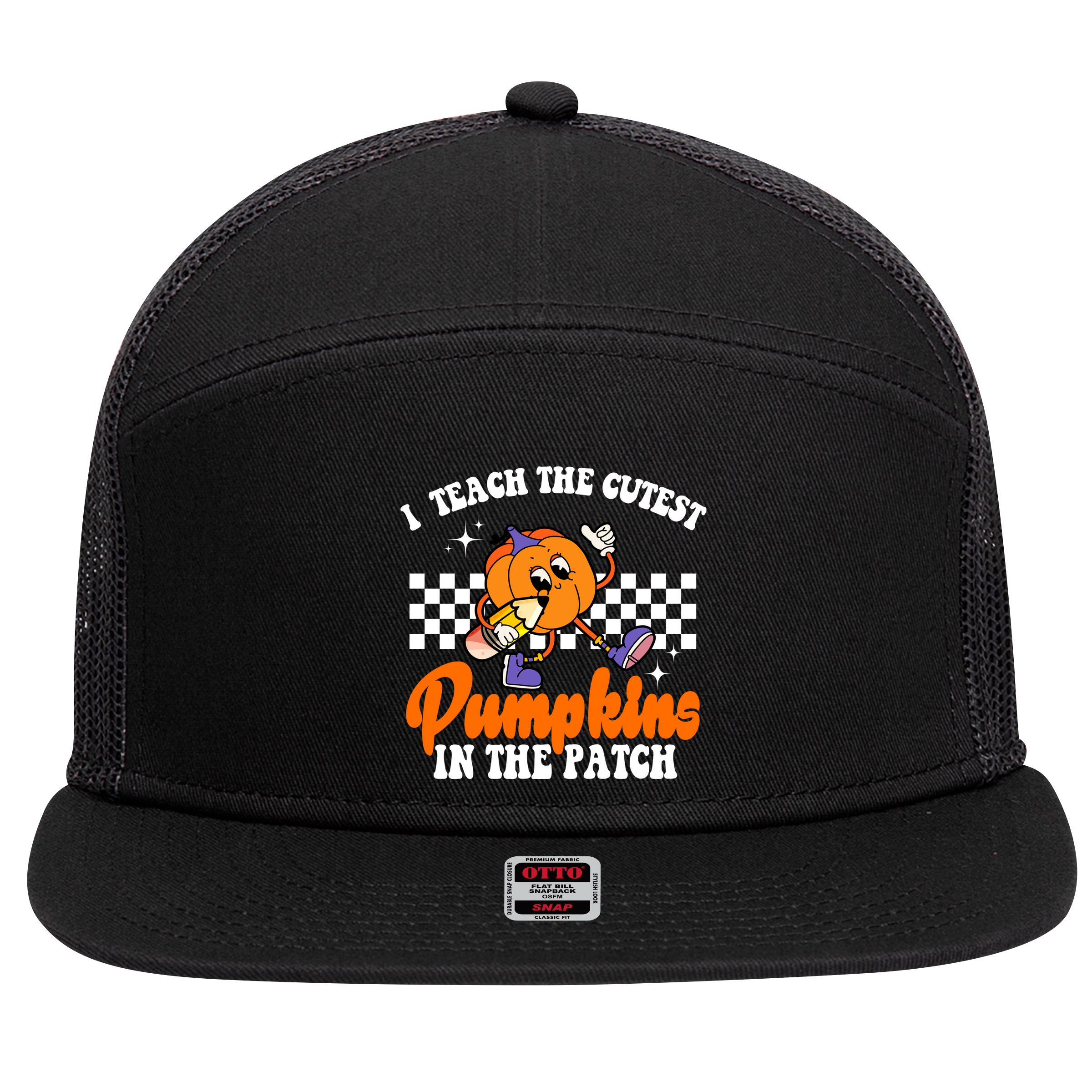I Teach The Cutest Pumpkins Retro Teacher Halloween 7 Panel Mesh Trucker Snapback Hat