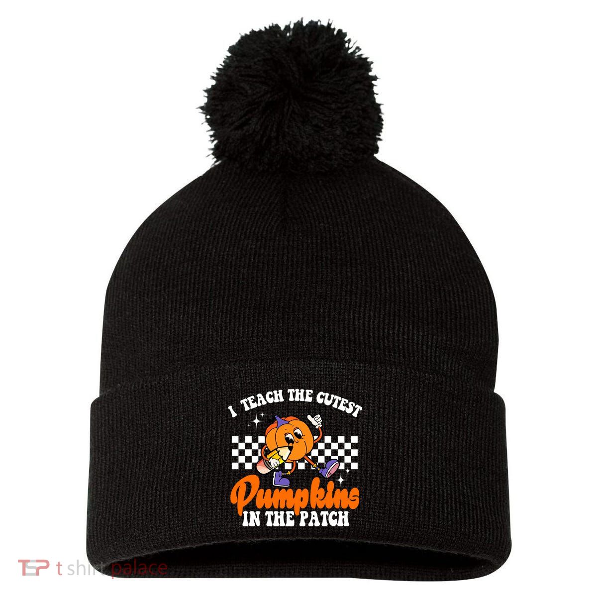I Teach The Cutest Pumpkins Retro Teacher Halloween Pom Pom 12in Knit Beanie
