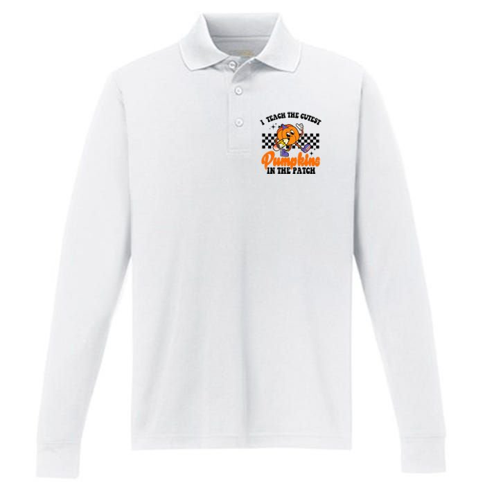 I Teach The Cutest Pumpkins Retro Teacher Halloween Performance Long Sleeve Polo