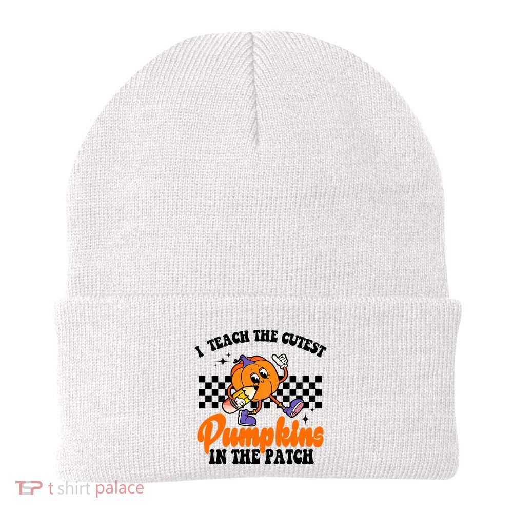 I Teach The Cutest Pumpkins Retro Teacher Halloween Beanie