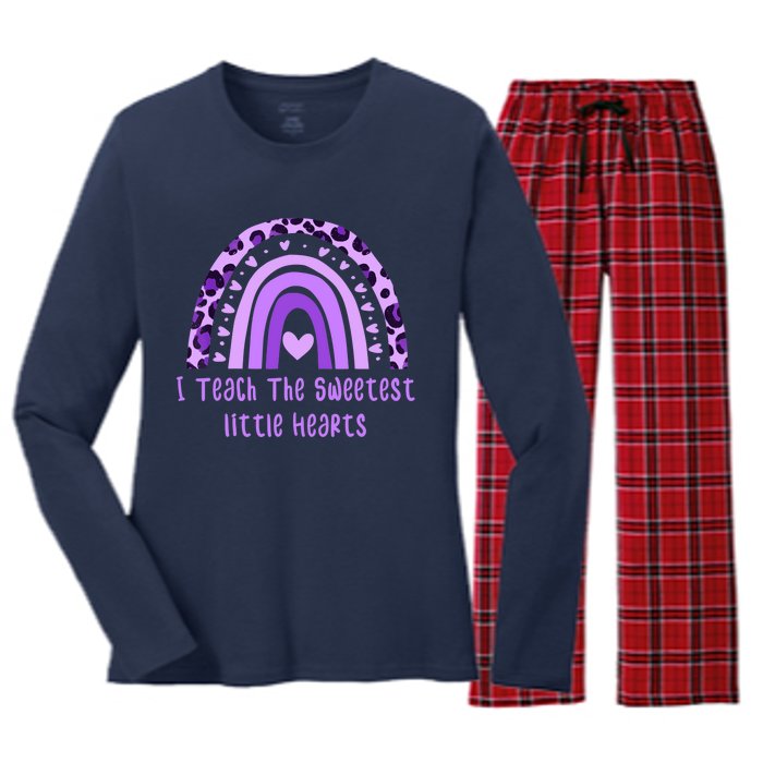 I Teach The Sweetest Hearts Rainbow Teacher Valentines Day Women's Long Sleeve Flannel Pajama Set 