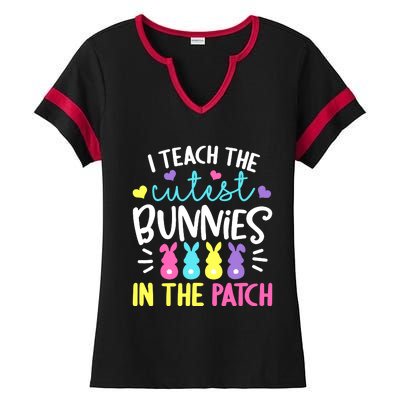 I Teach The Cutest Bunnies In The Patch Easter Teacher Cute Ladies Halftime Notch Neck Tee