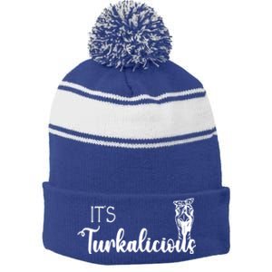 Its Turkalicious Thanksgiving Turkey Family Cute Gift Stripe Pom Pom Beanie