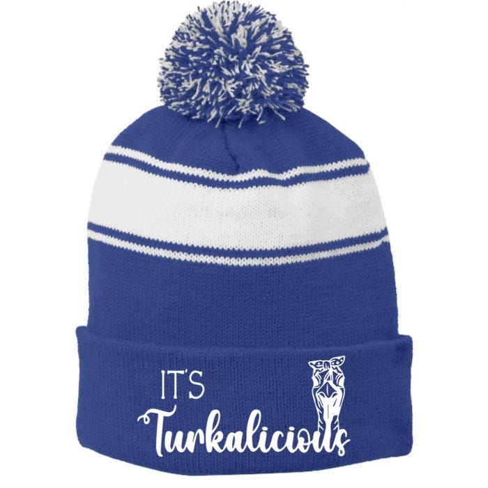 Its Turkalicious Thanksgiving Turkey Family Cute Gift Stripe Pom Pom Beanie