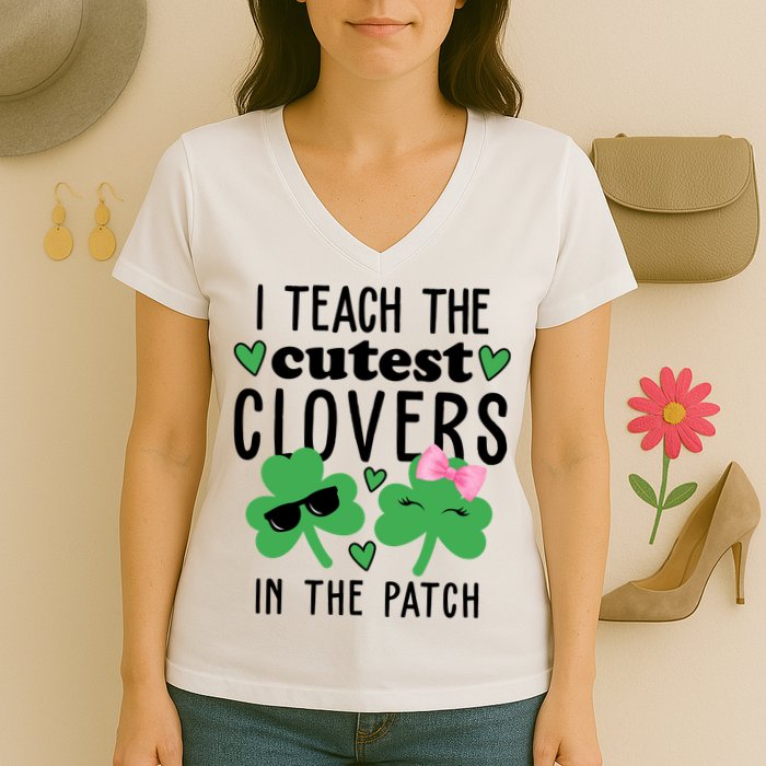 I Teach The Cutest Clovers In The Patch St Patrick's Day Teacher Women's V-Neck T-Shirt