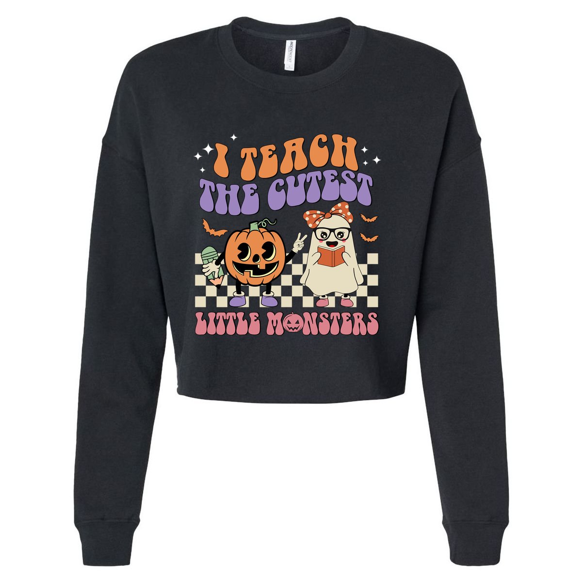 I Teach The Cutest Little Monster Retro Teacher Halloween Cute Gift Cropped Pullover Crew