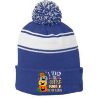 I Teach The Cutest Pumpkins In The Patch Halloween Teacher Stripe Pom Pom Beanie