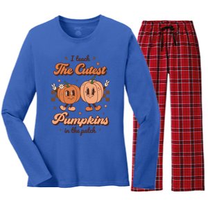 I Teach The Cutest Pumpkins In The Patch Retro Teacher Fall Gift Women's Long Sleeve Flannel Pajama Set 