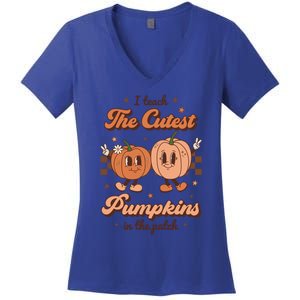 I Teach The Cutest Pumpkins In The Patch Retro Teacher Fall Gift Women's V-Neck T-Shirt