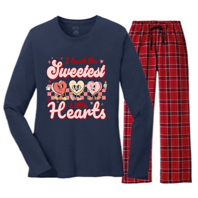 I Teach The Sweetest Hearts Retro Teacher Valentines Day Women's Long Sleeve Flannel Pajama Set 