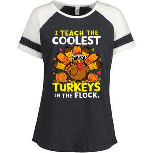 I Teach The Coolest Turkeys The Flock Thanksgiving Teacher Enza Ladies Jersey Colorblock Tee