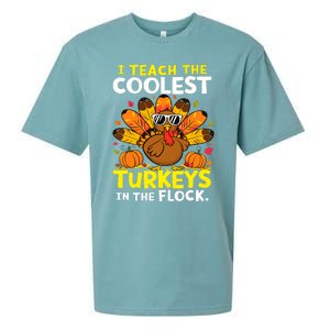 I Teach The Coolest Turkeys The Flock Thanksgiving Teacher Sueded Cloud Jersey T-Shirt