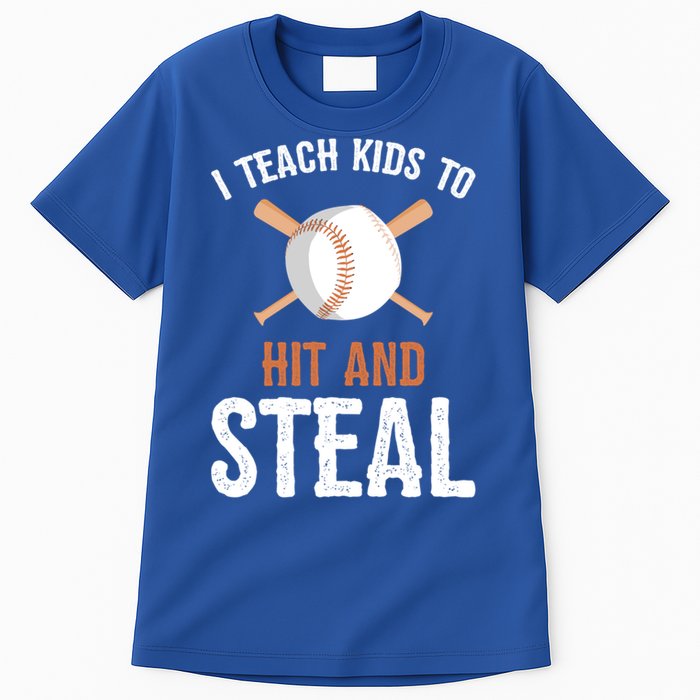 I Teach To Hit And Steal Funny Baseball Coach Dad Mom Cute Gift Tall T-Shirt