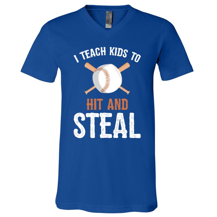 I Teach To Hit And Steal Funny Baseball Coach Dad Mom Cute Gift V-Neck T-Shirt