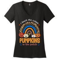 I Teach The Cutest Pumpkins In The Patch Leopard Women's V-Neck T-Shirt