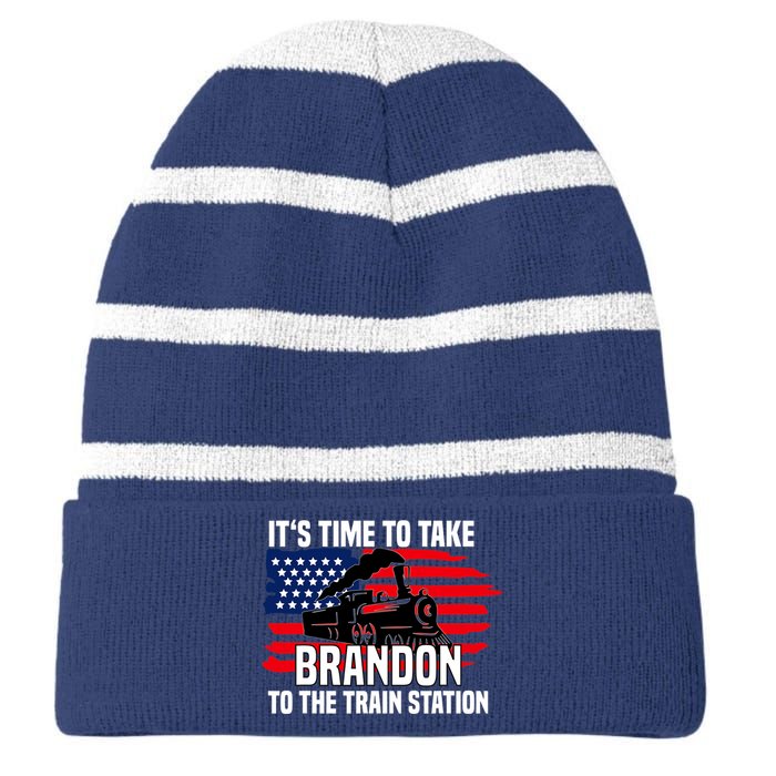 Its Time To Take Brandon To The Train Station, Anti Biden Design Striped Beanie with Solid Band