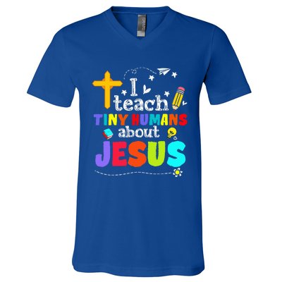 I Teach Tiny Humans About Jesus Sunday School Teacher Bible V-Neck T-Shirt