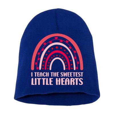 I Teach The Sweetest Hearts Rainbow Teacher Valentines Day Gift Short Acrylic Beanie