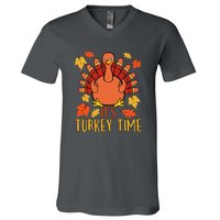 It's Turkey Time Thanksgiving For Women Falling Leaf V-Neck T-Shirt