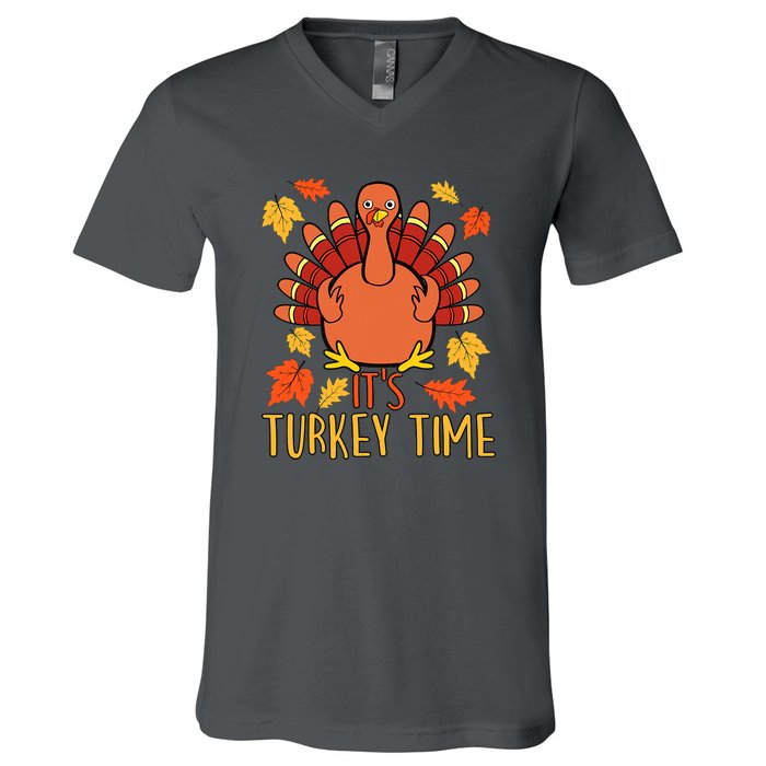 It's Turkey Time Thanksgiving For Women Falling Leaf V-Neck T-Shirt