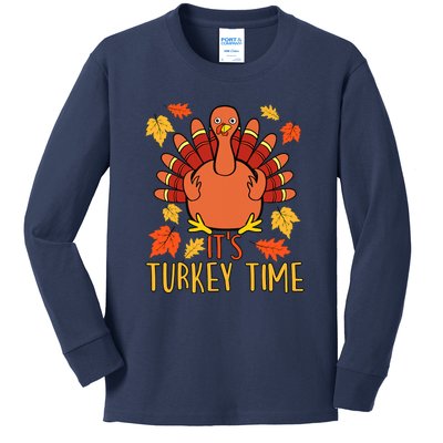 It's Turkey Time Thanksgiving For Women Falling Leaf Kids Long Sleeve Shirt