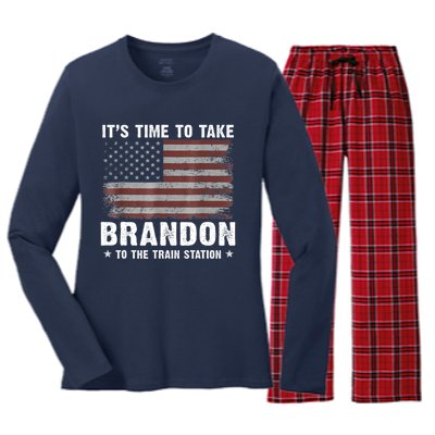 Its Time To Take Brandon To The Train Station America Flag Design Women's Long Sleeve Flannel Pajama Set 