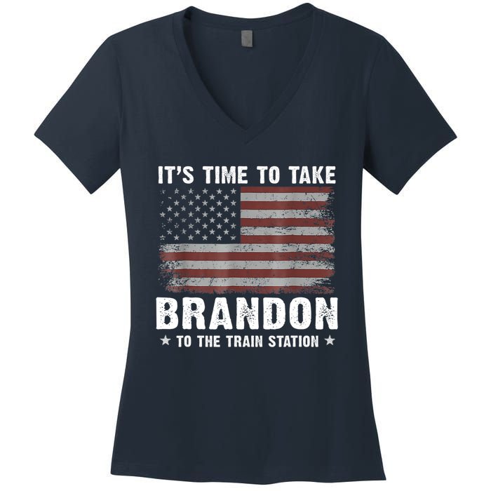 Its Time To Take Brandon To The Train Station America Flag Design Women's V-Neck T-Shirt