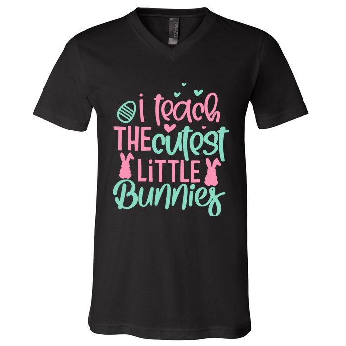 I Teach The Cute Little Bunny Easter Teacher Women Gift V-Neck T-Shirt