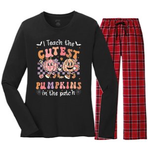 I Teach The Cutest Pumpkins In The Patch Retro Teacher Fall Women's Long Sleeve Flannel Pajama Set 