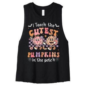 I Teach The Cutest Pumpkins In The Patch Retro Teacher Fall Women's Racerback Cropped Tank